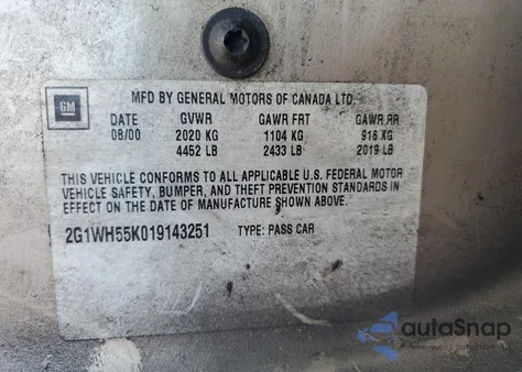 2001 Chevrolet Impala Ls from USA, damaged, VIN 2G1WH55K019143251